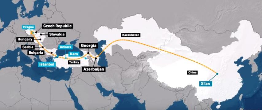 Tren expreso de China, envío de contenedores más rápido desde Xi'an a Bakú Azerbaiyán, Izmit / Estambul Turquía y Praga, República Checa