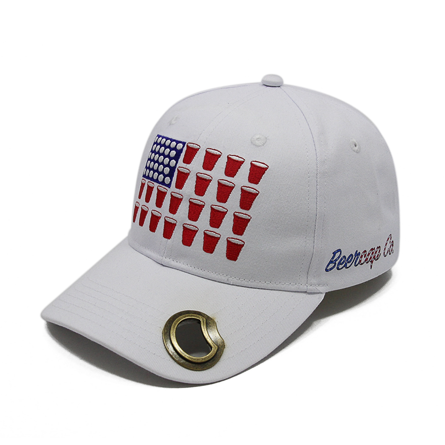 Embroidered logo white baseball hats with bottle opener