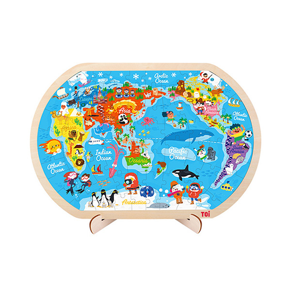 TOI Classic Puzzle 80pcs World Map Wooden Jigsaw Puzzle With Storage Tray Educational Toy For Kids