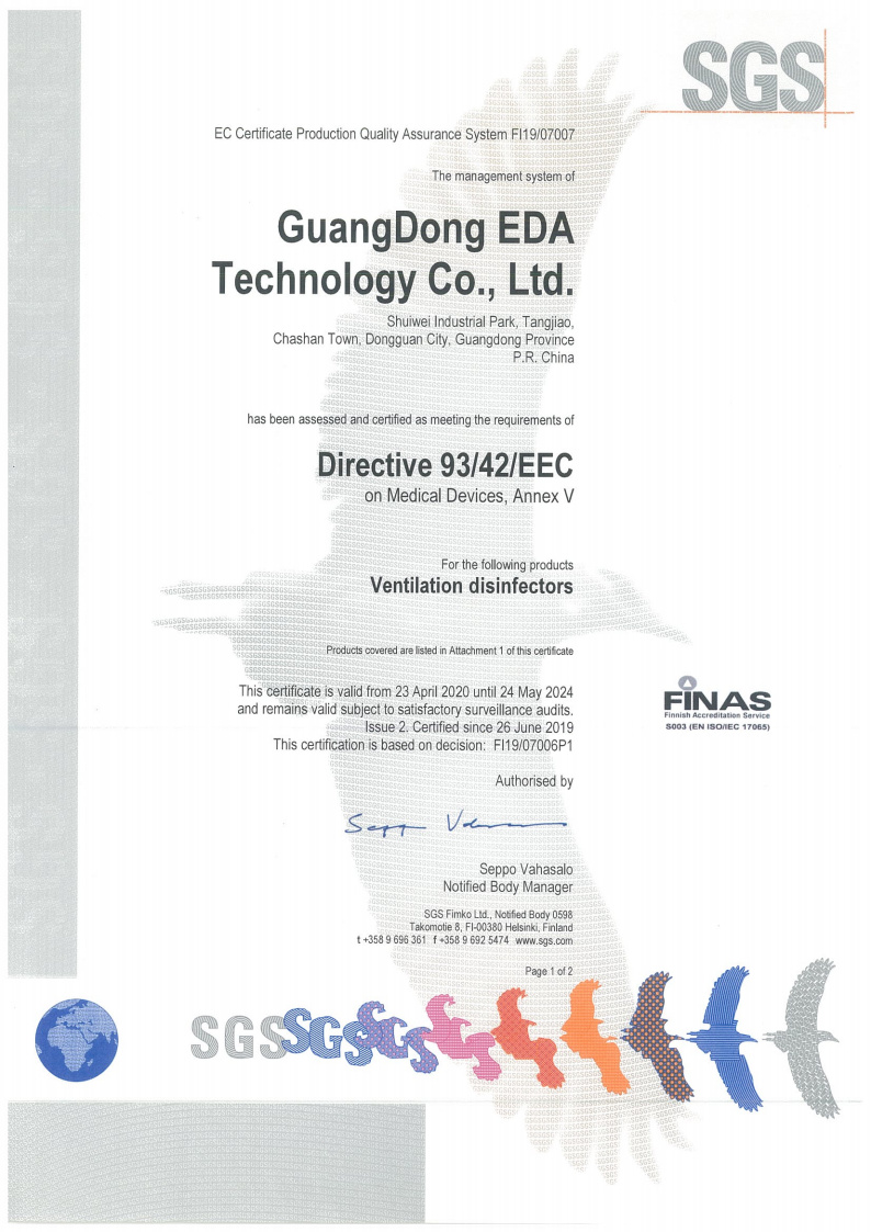 Certificação Ventilador Desinfetante MDD-CE