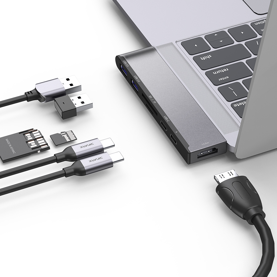 Aluminum Dual USB C Hub 7-in-1 Adapter