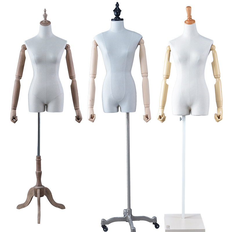 Kundenspezifische Halbkörper-Fiberglas-Schaufensterpuppengewebe Oberkörper weibliche Schaufensterpuppe mit Holzarmen (DFM)