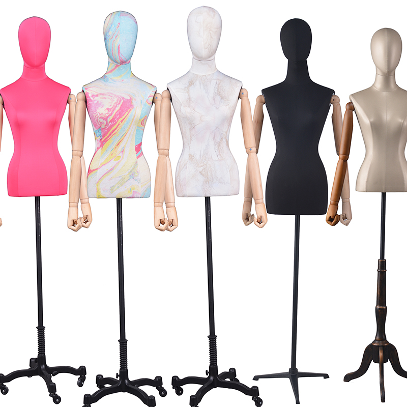 Paparan bentuk pakaian mannequin wanita separuh badan boleh laras dengan lengan kayu (PFM)
