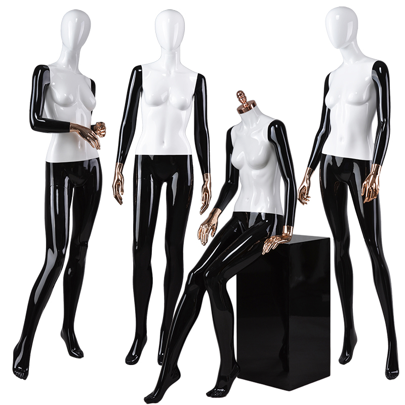 Tingkap kedai fesyen memaparkan wanita wanita badan penuh duduk mannequin pembekal mannequins kepala abstrak untuk dijual (siri DFM abstrak kepala mannequins wanita)