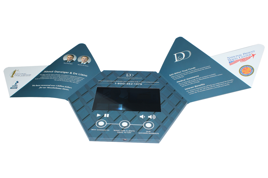 Special shape double open magnetic control 7inch lcd video brochure