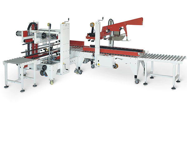 This is a combination of automatic carton sealers to accomplish an “H-shaped” carton sealing. They are fully-automatic case sealer that's ready to process a random assortment of case sizes at speeds up to 4 - 6 cases per minute. AC-I50 automatically fold the flaps, and apply the adhesive tape on the top and bottom and boxes. Then the pushing device automatically pushes the box to AC-H50L which seals the edges and corners of the boxes.