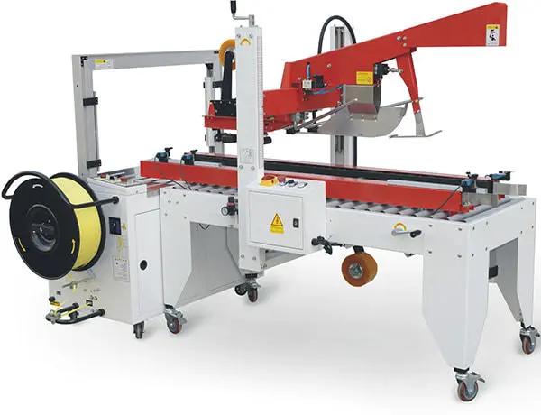 This is an economy integration of AC-P50C Semi Automatic Case Sealer and AB-101A Automatic Strapping Machine for boxes. Sensor detects the boxes and automatically apply adhesive tape to top and bottom of and boxes and do the strapping at the same time. The machine required manually adjustments when box dimensions change.