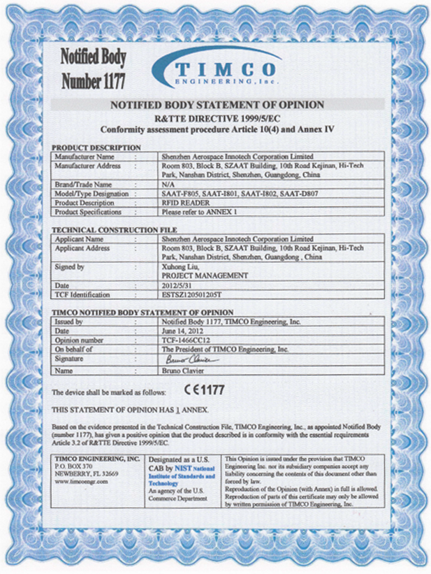 UHF Reader CE Certifications