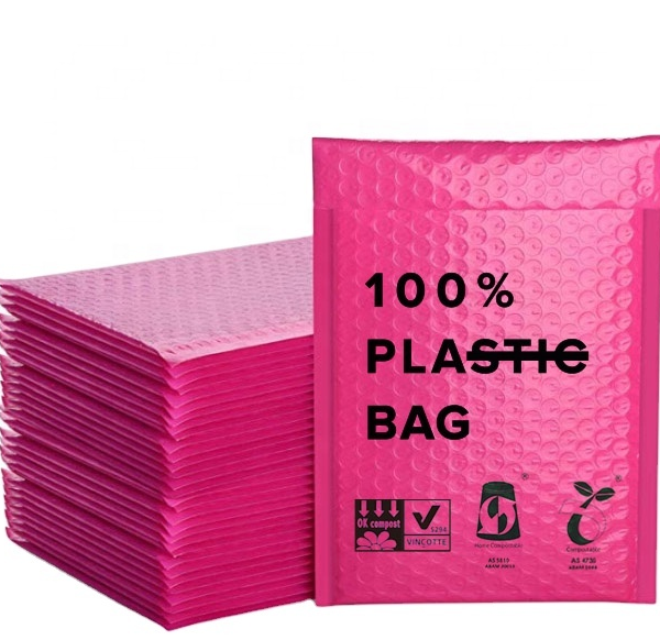 Wholesale Printed Logo Pink Padded Compostable Poly Bubble Mailer
