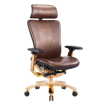 silla BIFMA de respaldo alto silla ergonómica de cuero real dorada