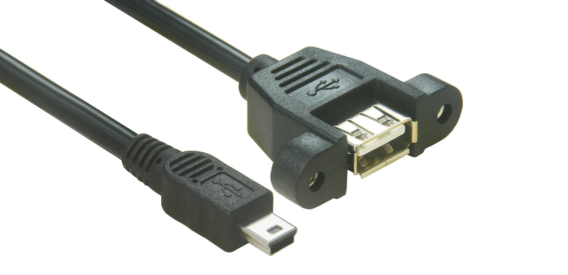 USB 2.0 Mini B para um cabo fêmea com parafusos de bloqueio
