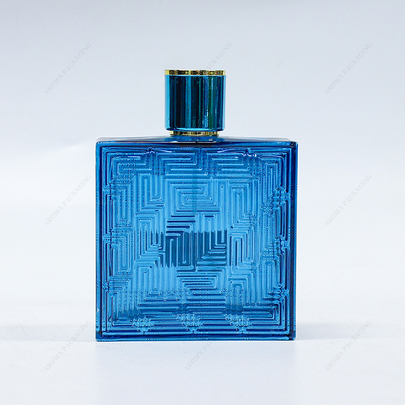 Frasco de perfume de vidrio azul en relieve