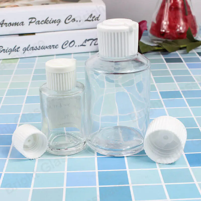 Botella de desinfectante de manos vacía de plástico de hombro plano transparente de 50 ml con tapa abatible