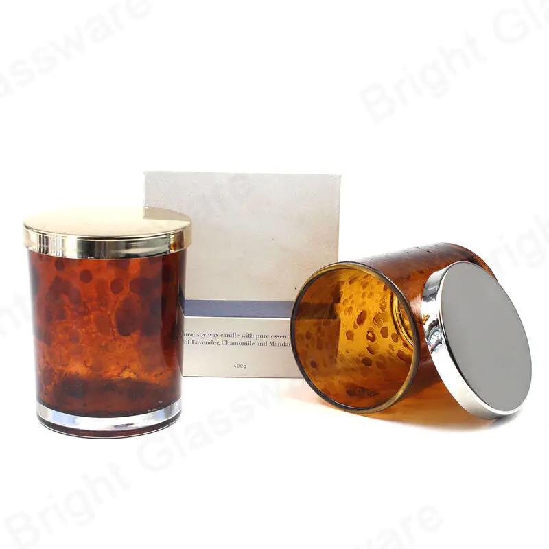 Hot Sale Amber Glass Jar Printing Pattern Leopard Candle Holder avec couvercle en métal et boîte pour la décoration de mariage