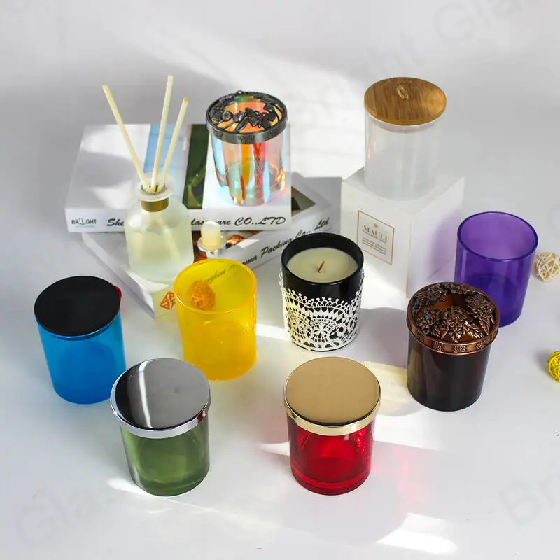 定制彩色豪华空玻璃蜡烛罐，带金属盖，用于家居装饰
