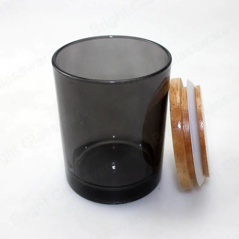 Personnalisé 8oz 9oz fumé gris ambre bougie en verre pot avec couvercle en bois / metall