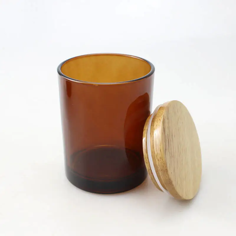 Personnalisé 8oz 9oz fumé gris ambre bougie en verre pot avec couvercle en bois / metall
