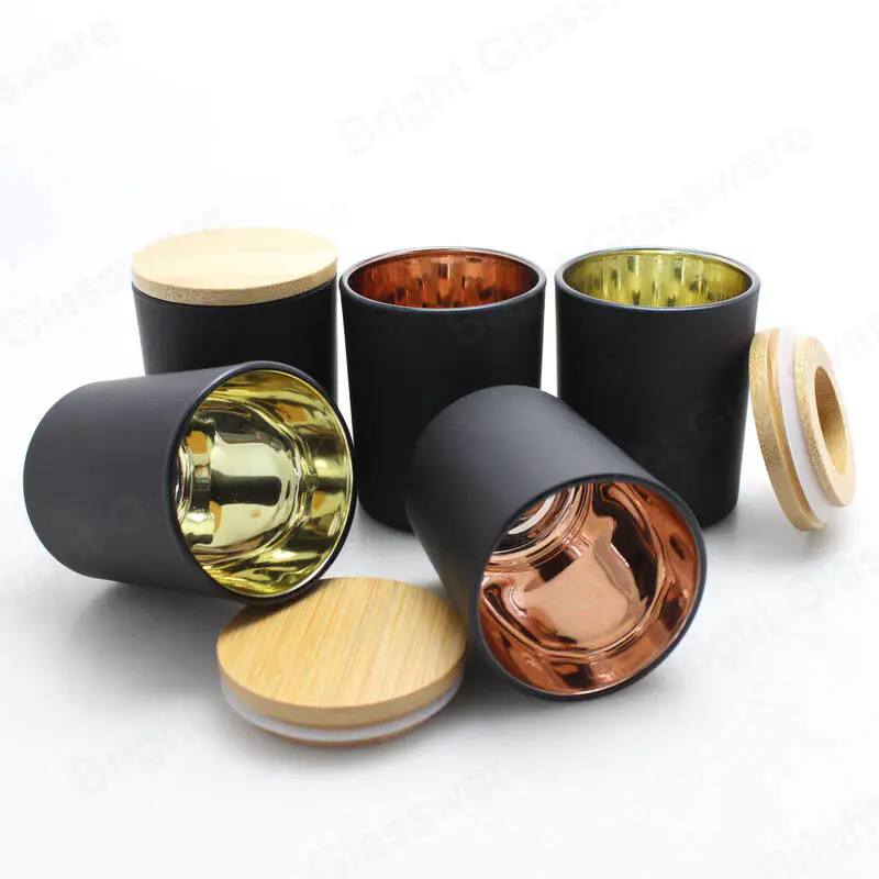 Electroplate dentro de la vela de oro rosa tarro de vidrio negro mate portavelas votivas con tapa de bambú