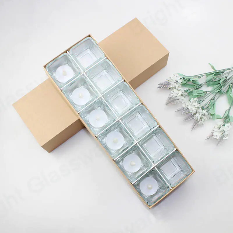 12 piezas Mini cuadrado Tealight Glass Candle Holder Gift Set con caja de embalaje de papel kraft para boda