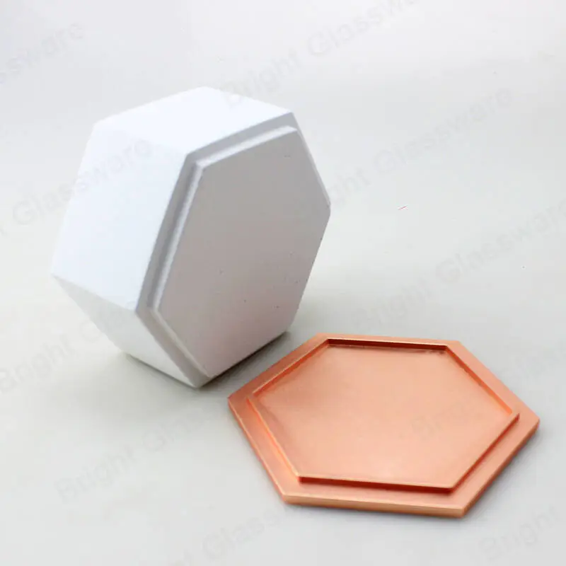 Nuevo diseño de lujo hexágono blanco cemento jarra de vela de hormigón con tapa de cobre
