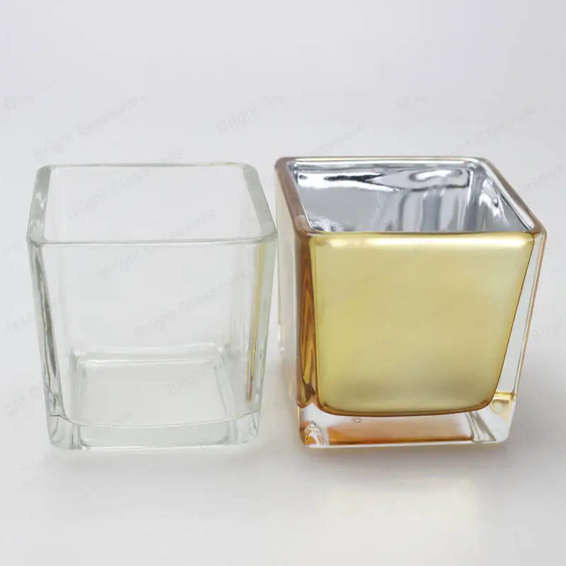 Vidrio galvanizado de vidrio votivo frascos de vela cuadrada cubo recipiente de vidrio