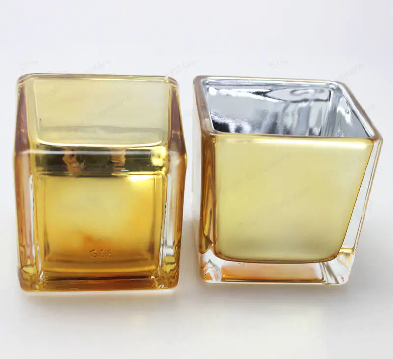 Vidrio galvanizado de vidrio votivo frascos de vela cuadrada cubo recipiente de vidrio