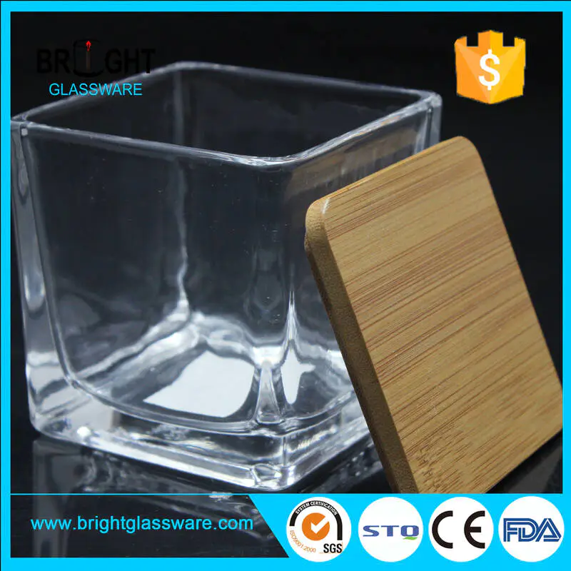 Frasco de vela de vidrio de alta calidad con tapa de bambú Frasco de vela cuadrada transparente con tapa
