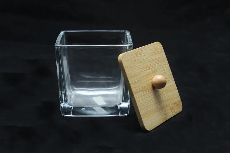 高品质玻璃蜡烛罐带竹盖透明方形蜡烛罐带盖