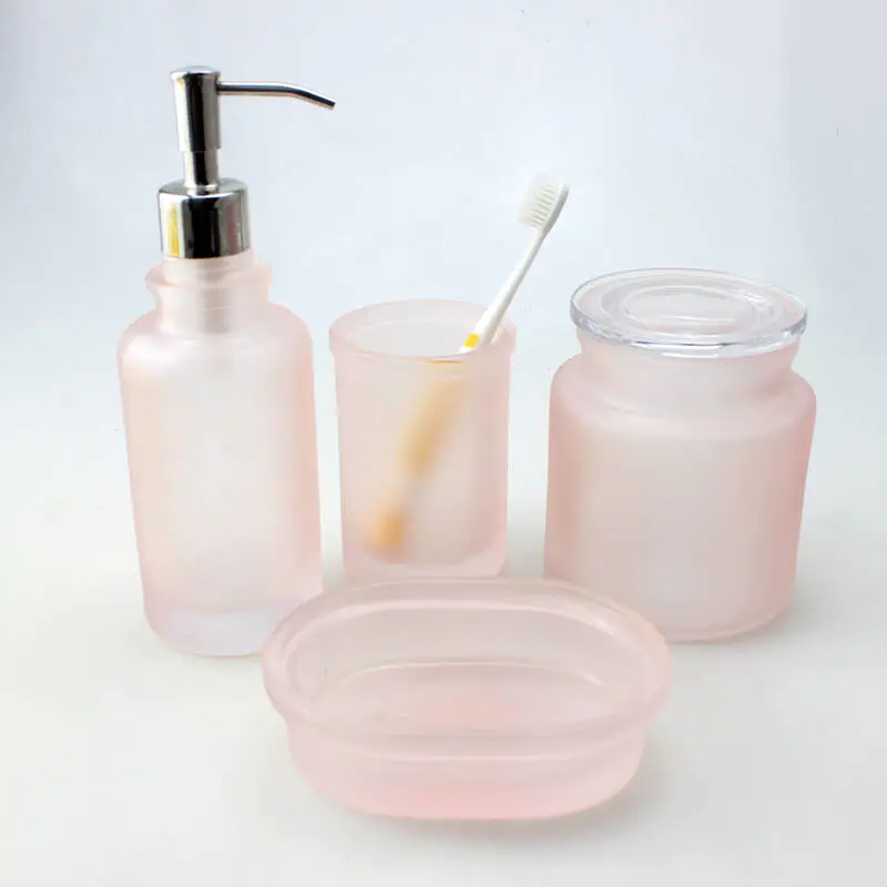 accesorios de baño rosa esmerilado juegos 4 piezas, frasco de vidrio de sal de baño, botella de bomba de champú, jabonera de vidrio