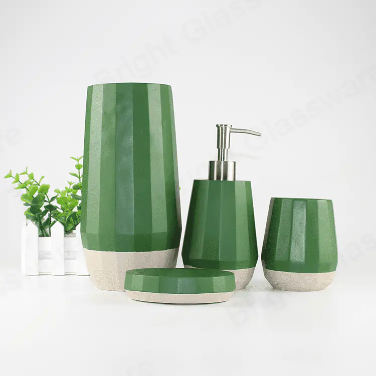 Venta caliente moderno 4pcs verde natural accesorios de baño conjuntos dispensador de jabón líquido concreto juego de baño