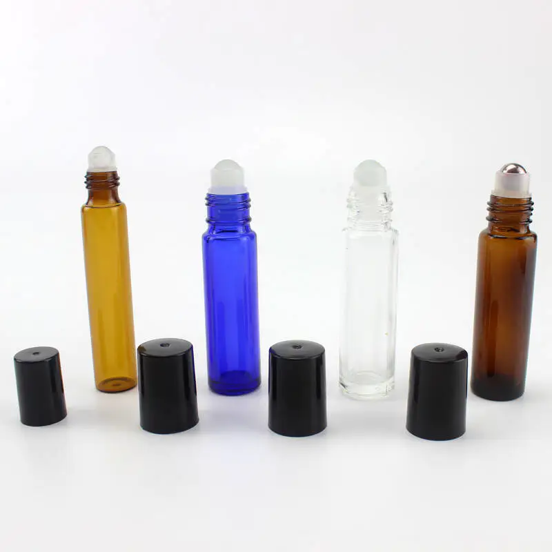 Botellas roll-on de aceite esencial de vidrio colorido botellas de rodillo de vidrio de 10 ml con bolas de rodillos de acero inoxidable al por mayor