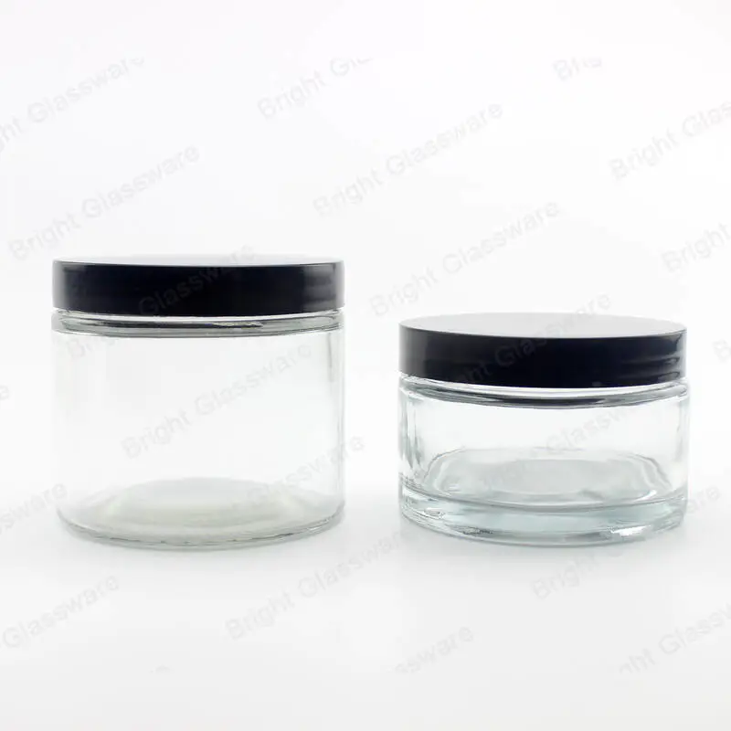 Tarros cosméticos redondos de vidrio 200ml 250ml con tapa negra lateral recta para el cuidado de la piel