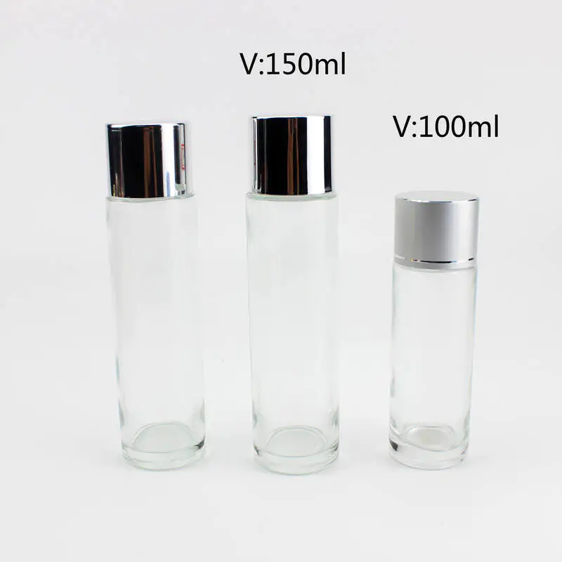 スキンケア化粧品用のシルバーキャップ付き100ml 150ml空の透明ガラスローションボトル