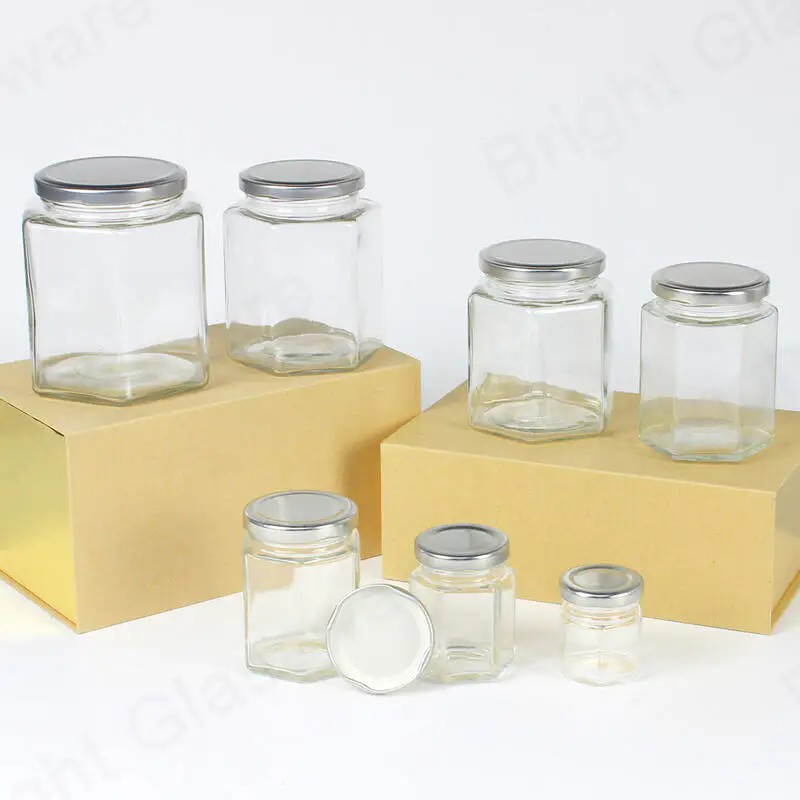 шестигранная стеклянная банка для меда, варенья, консервирования продуктов с завинчивающейся металлической крышкой оптом