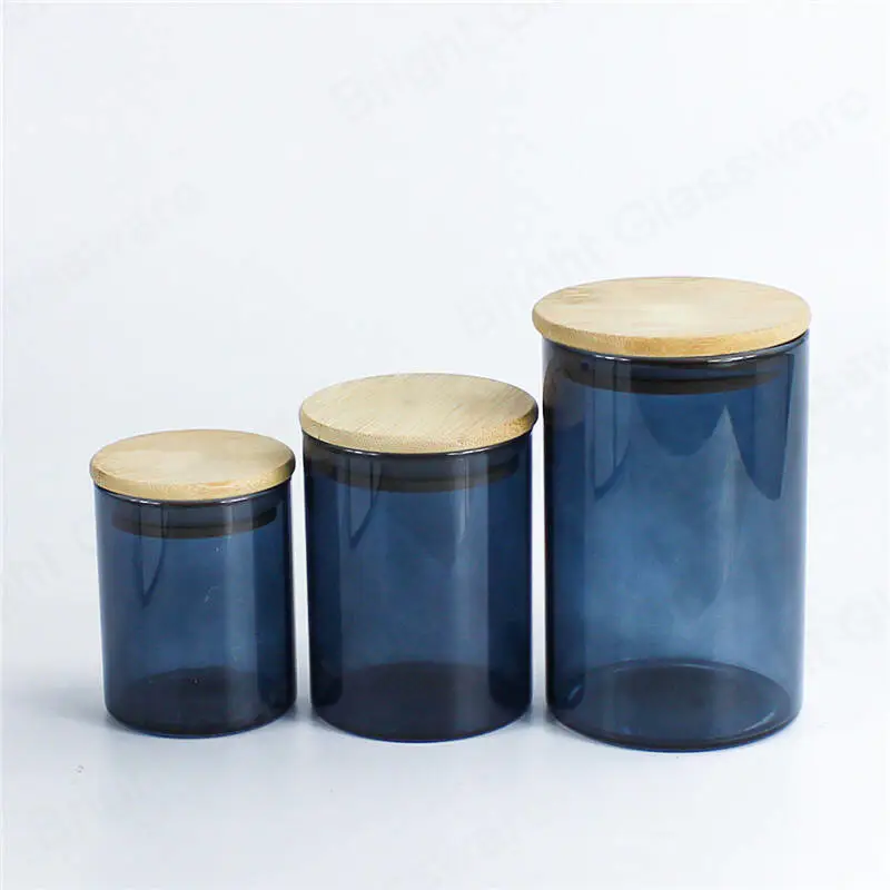 Candelabros de vidrio soplado elegante cilindro de alta calidad azul / blanco con tapa de madera y caja de embalaje