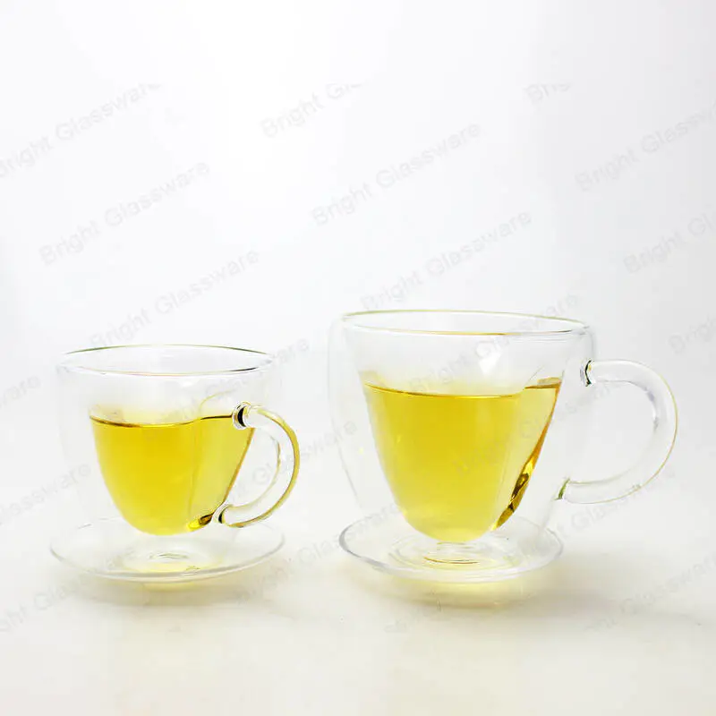 浪漫的双壁硼硅酸盐玻璃茶/咖啡杯心形玻璃杯与碟子批发