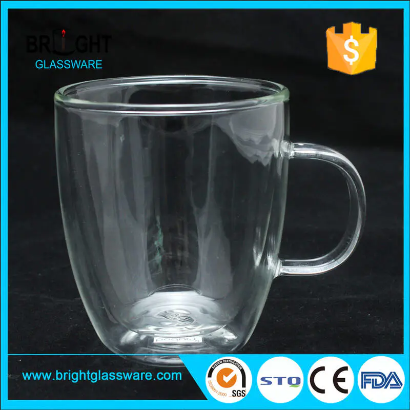 Taza de café de vidrio resistente al calor de 450 ml de alta calidad al por mayor taza de vidrio borosilicato de doble pared para el hogar