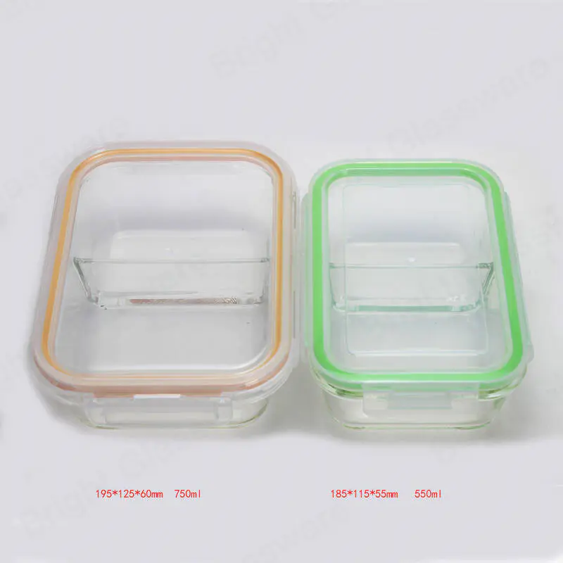 矩形 2 隔间分隔食品容器玻璃烤盘，带分隔器和密封锁定盖