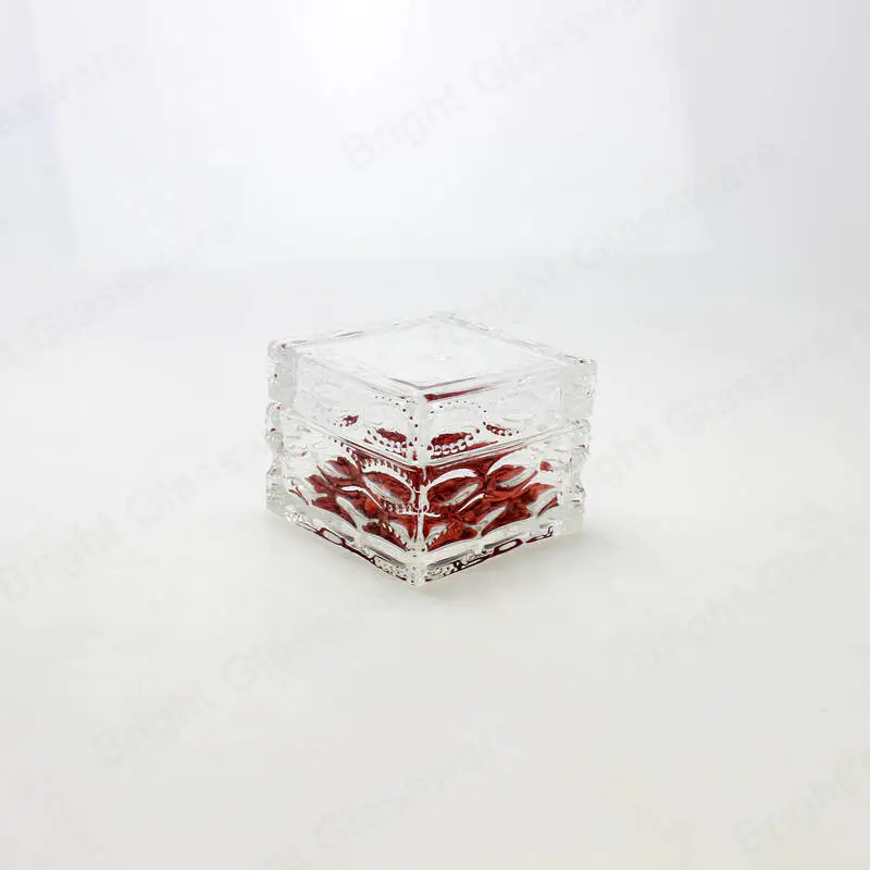 Pequeño frasco de caramelo de vidrio cuadrado transparente de cristal con tapa de vidrio