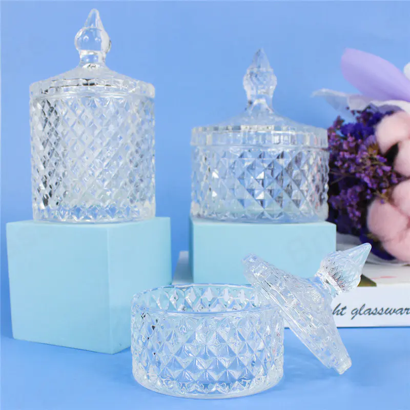 Vintage Crystal Diamond Diamond Candy Bowl Dragee Biscuit Package Pots en verre avec couvercle en dôme