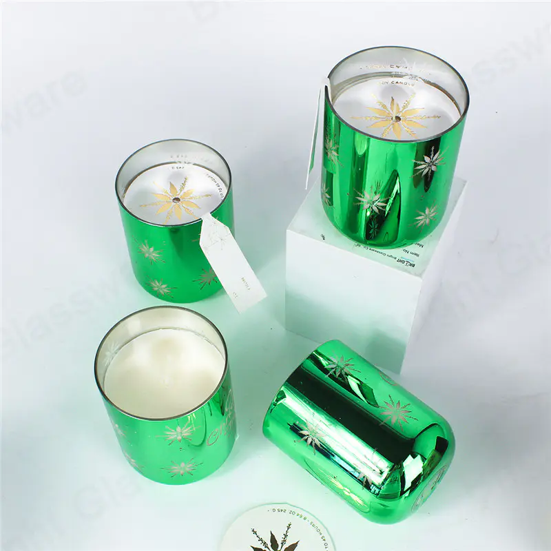 popular artículo navideño copo de nieve diseño verde perfumado vidrio velas jarra para regalo de decoración del hogar