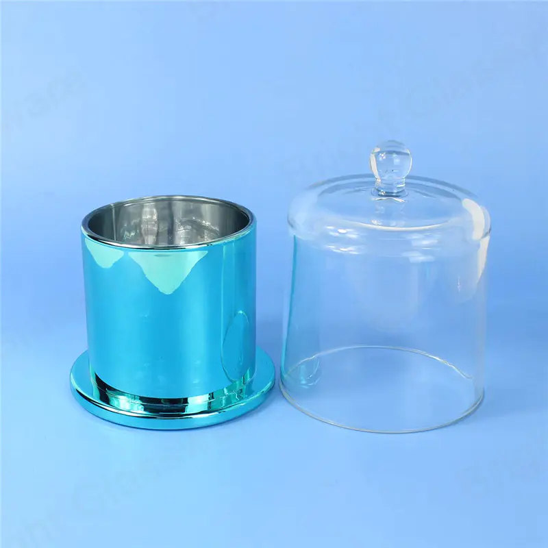 豪华大玻璃玻璃蜡烛圆顶盖蓝色玫瑰金蜡烛罐与玻璃圆顶盖