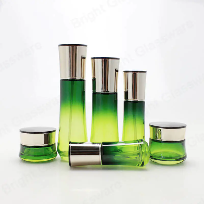 Envase cosmético de lujo Jarra de crema de vidrio Set Botella cosmética de vidrio verde
