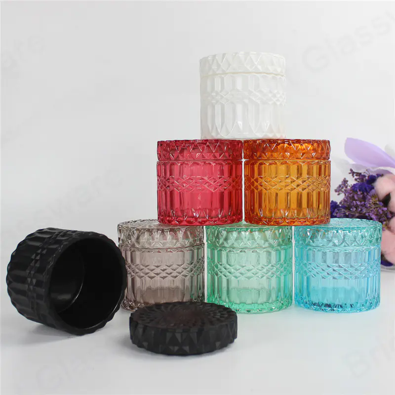 Gran lujo de cristal de oro rosa transparente Geo Diamond Cut Candle Jars con tapa plana