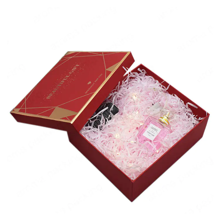 Caja de regalo de perfume de cartón de color rojo vacía con bolsa de compras