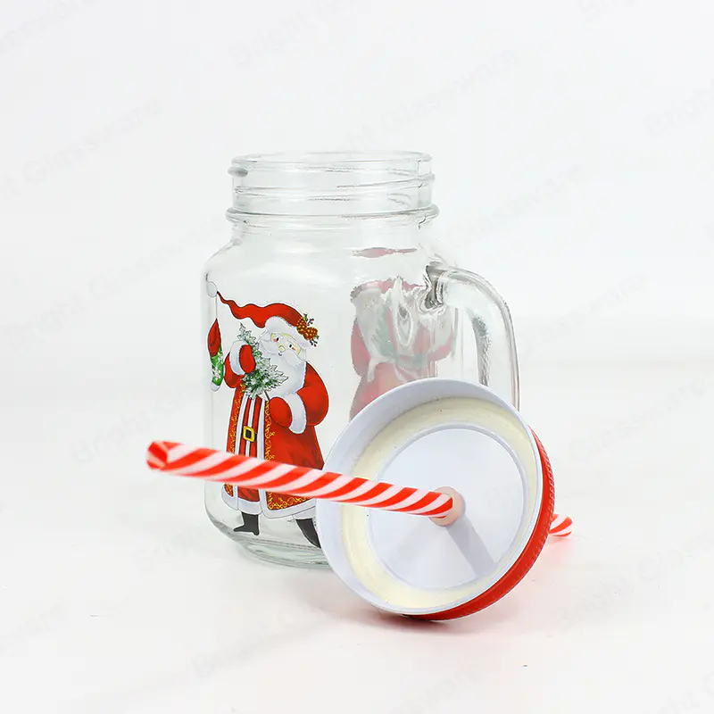 480ml定制印刷标志圣诞装饰玻璃饮料杯玻璃梅森罐与吸管和盖子