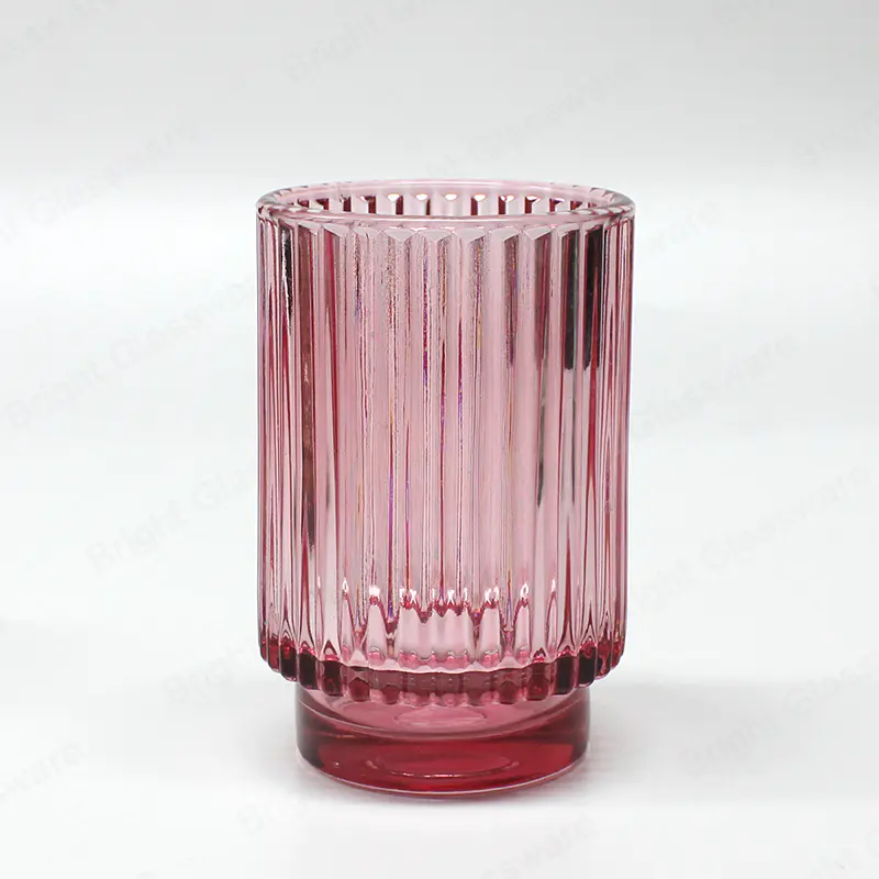 批发条纹红粉色条纹蜡烛玻璃罐，带厚底座