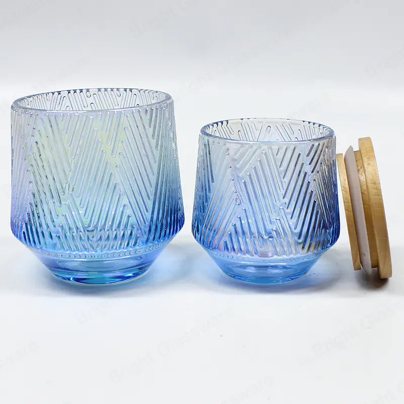 批发独特的蓝色条纹圆底定制蜡烛罐玻璃，用于制作蜡烛