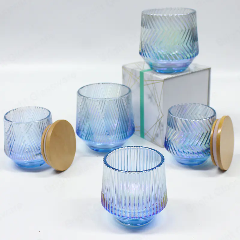 中国蜡烛罐条纹电镀透明蓝色玻璃罐家居装饰