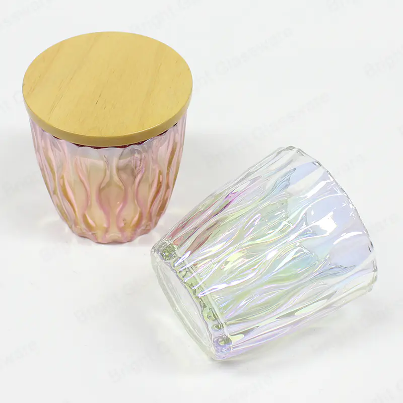 波浪图案透明紫色渐变批发圆形蜡烛玻璃罐带竹盖